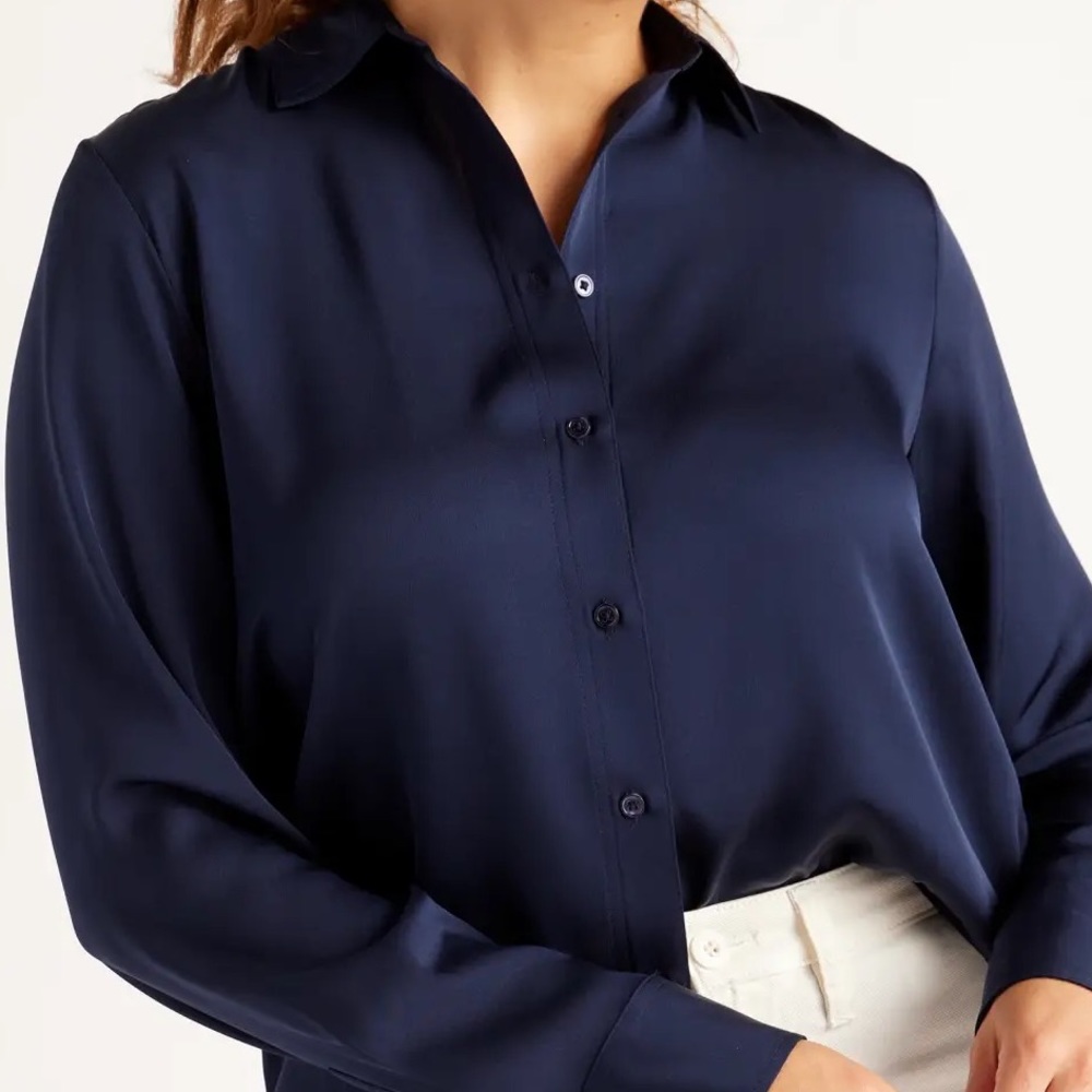 Quince Navy Blue Silk Button-Down Shirt, size Small - Picture 6 of 16